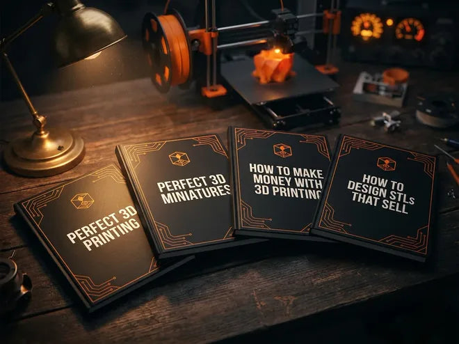 The 4 expert guides fanned out on a workshop bench: Perfect 3D Printing, Perfect 3D Miniatures, How to Make Money with 3D Printing, How to Design STLs That Sell
