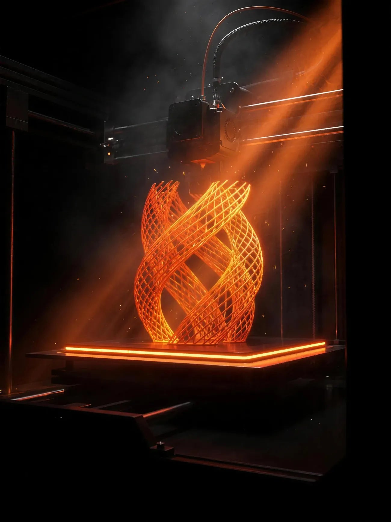 A glowing lattice vase being 3D printed
