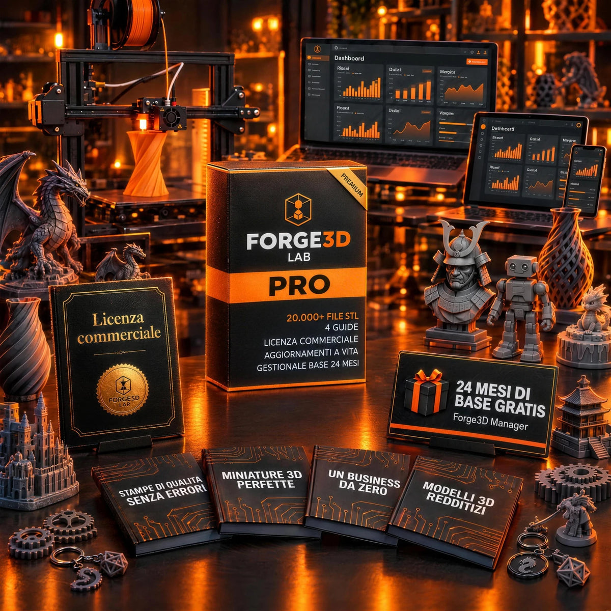 Forge3D Lab Pro: 20.000+ STL, 4 guide, licenza commerciale, Manager Base 24 mesi