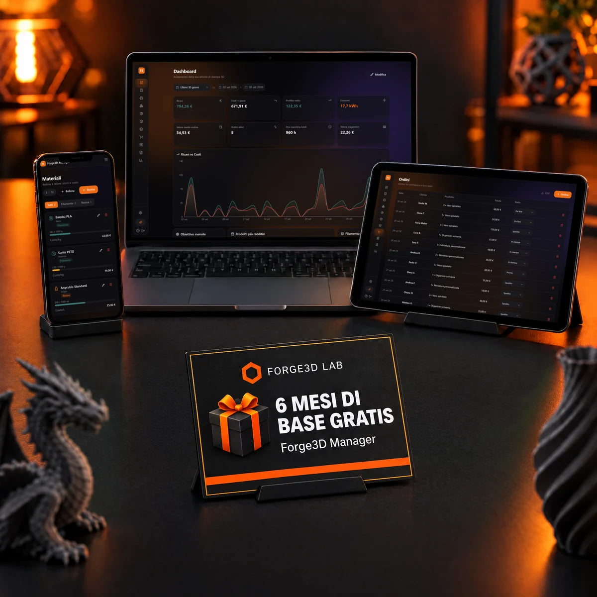 Forge3D Manager on laptop, tablet and phone, with a gift card for 6 months of the Base plan