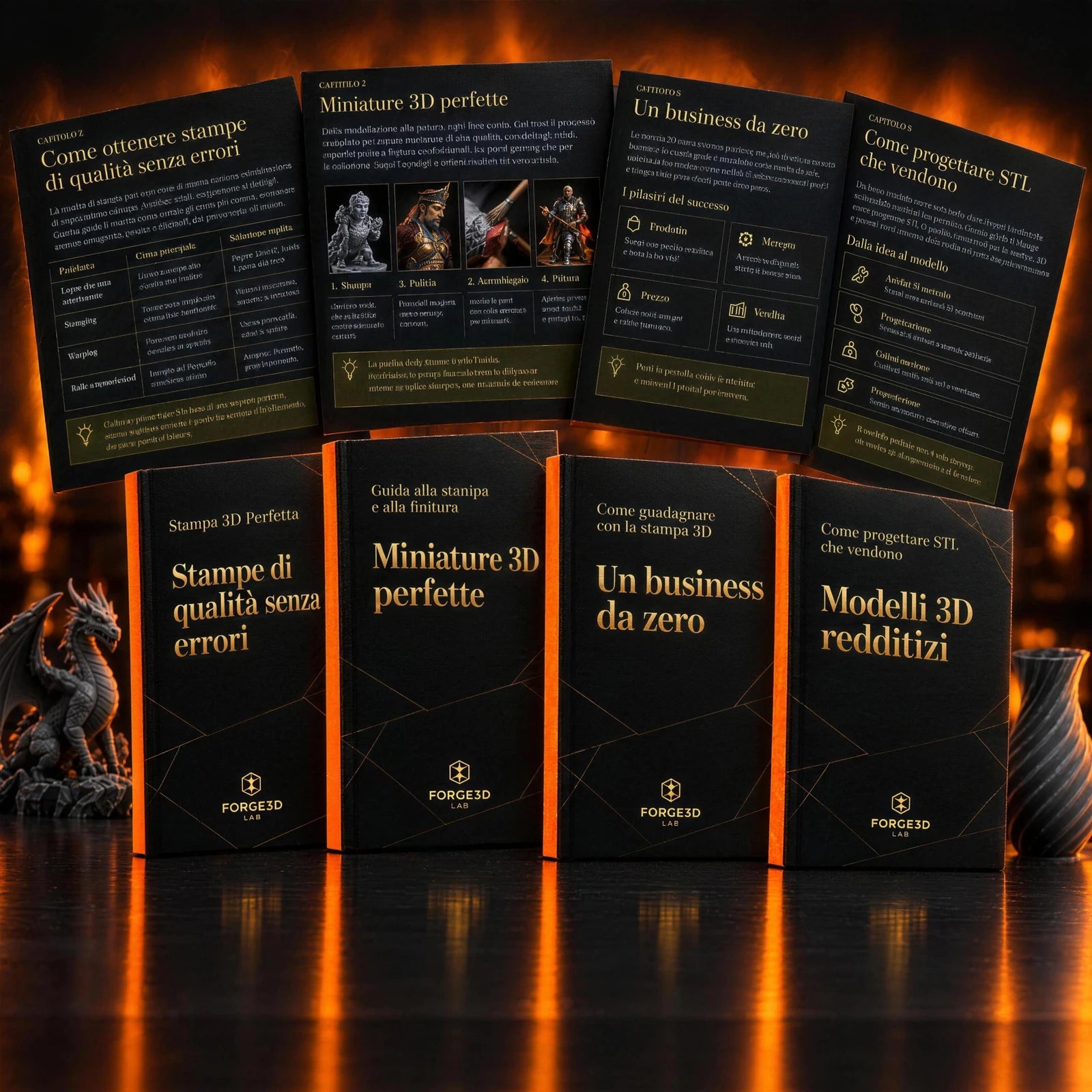 The 4 Forge3DLab guides as books, with pages of each guide fanned out behind them