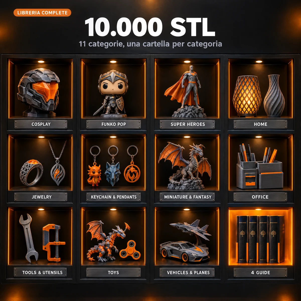 Complete library: 10,000 STL models in 11 categories plus the 4 guides, shown as a display wall