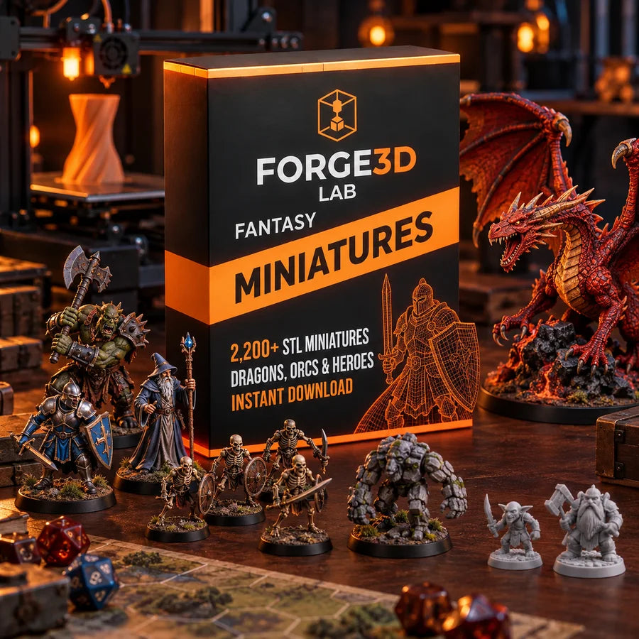 The Forge3D Fantasy Miniatures box on a desk, surrounded by painted 3D-printed fantasy miniatures