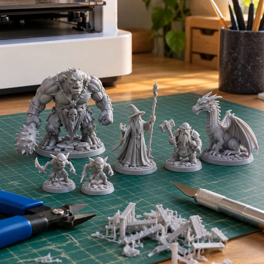 Freshly printed grey miniatures next to a 3D printer