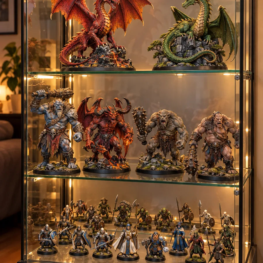 Display cabinet full of painted miniatures