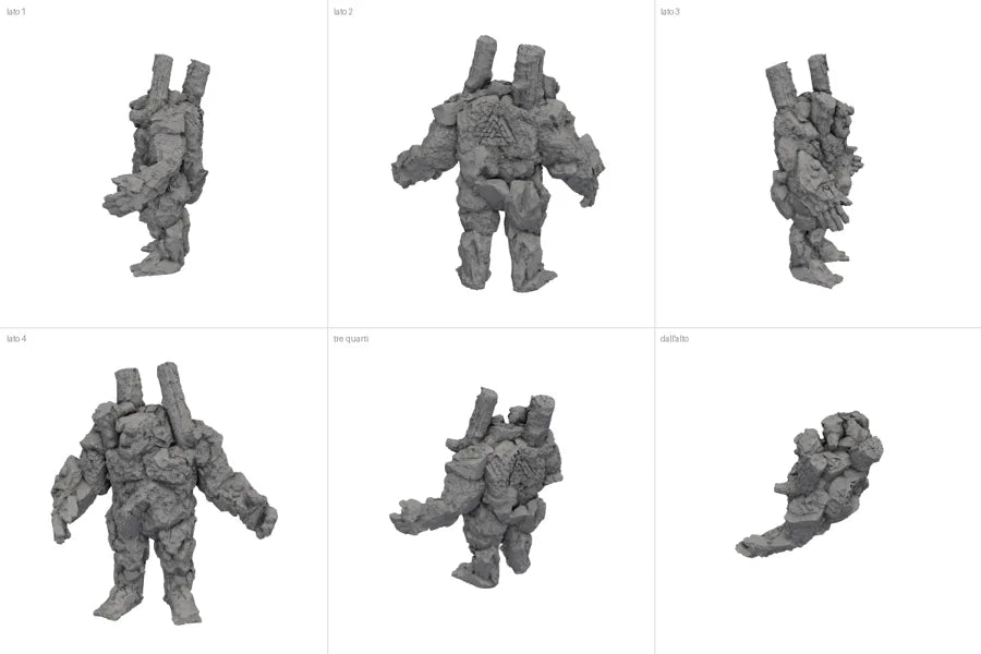 Preview sheet of a stone golem miniature, six views