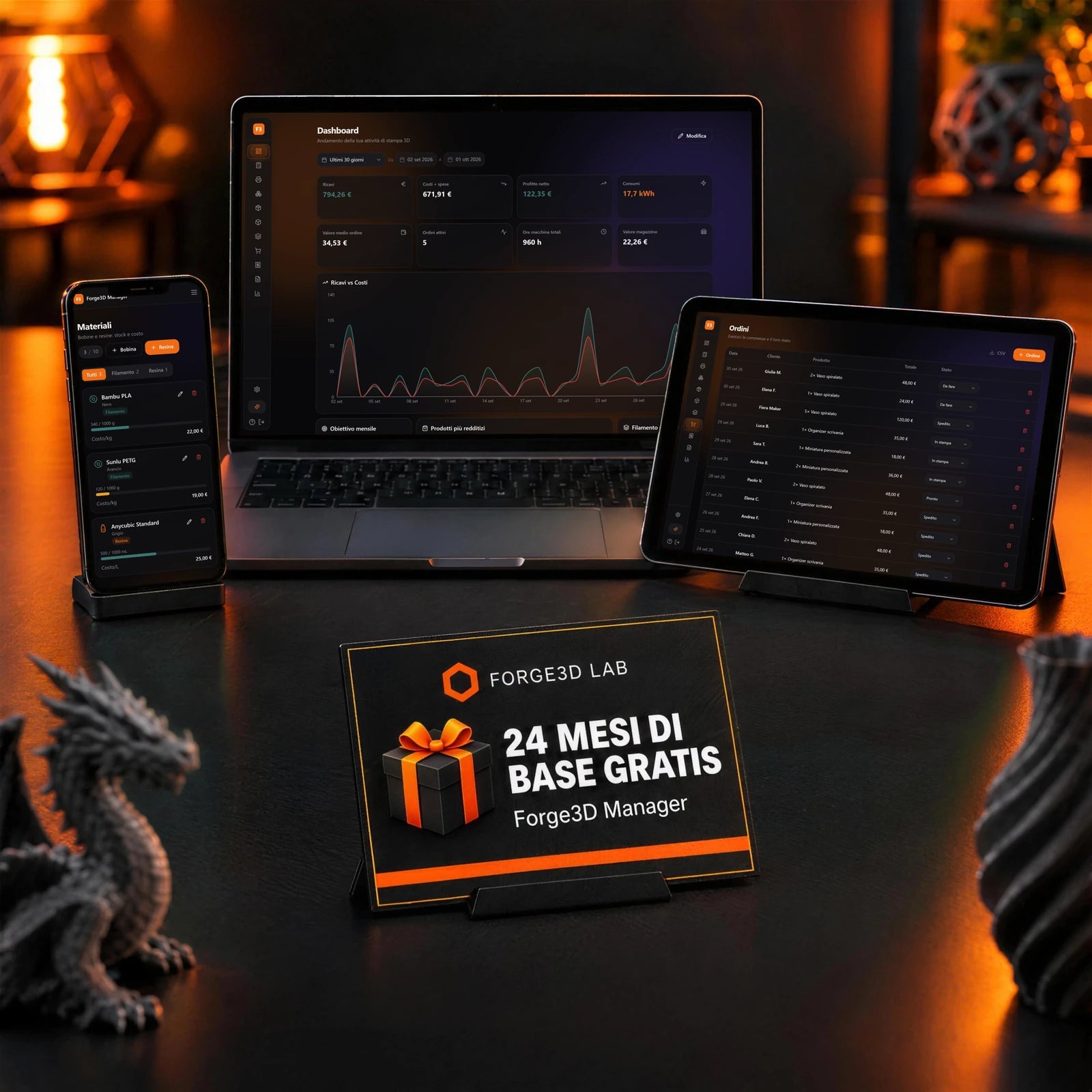 Forge3D Manager on laptop, tablet and phone, with a gift card for 24 months of the Base plan