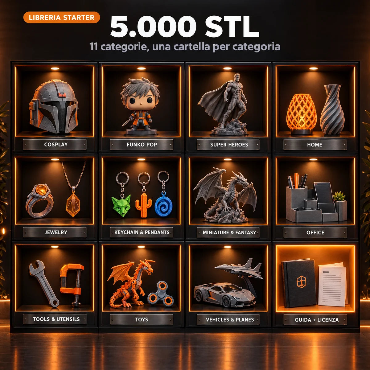 Starter library: 5,000 STL models in 11 categories, shown as a display wall