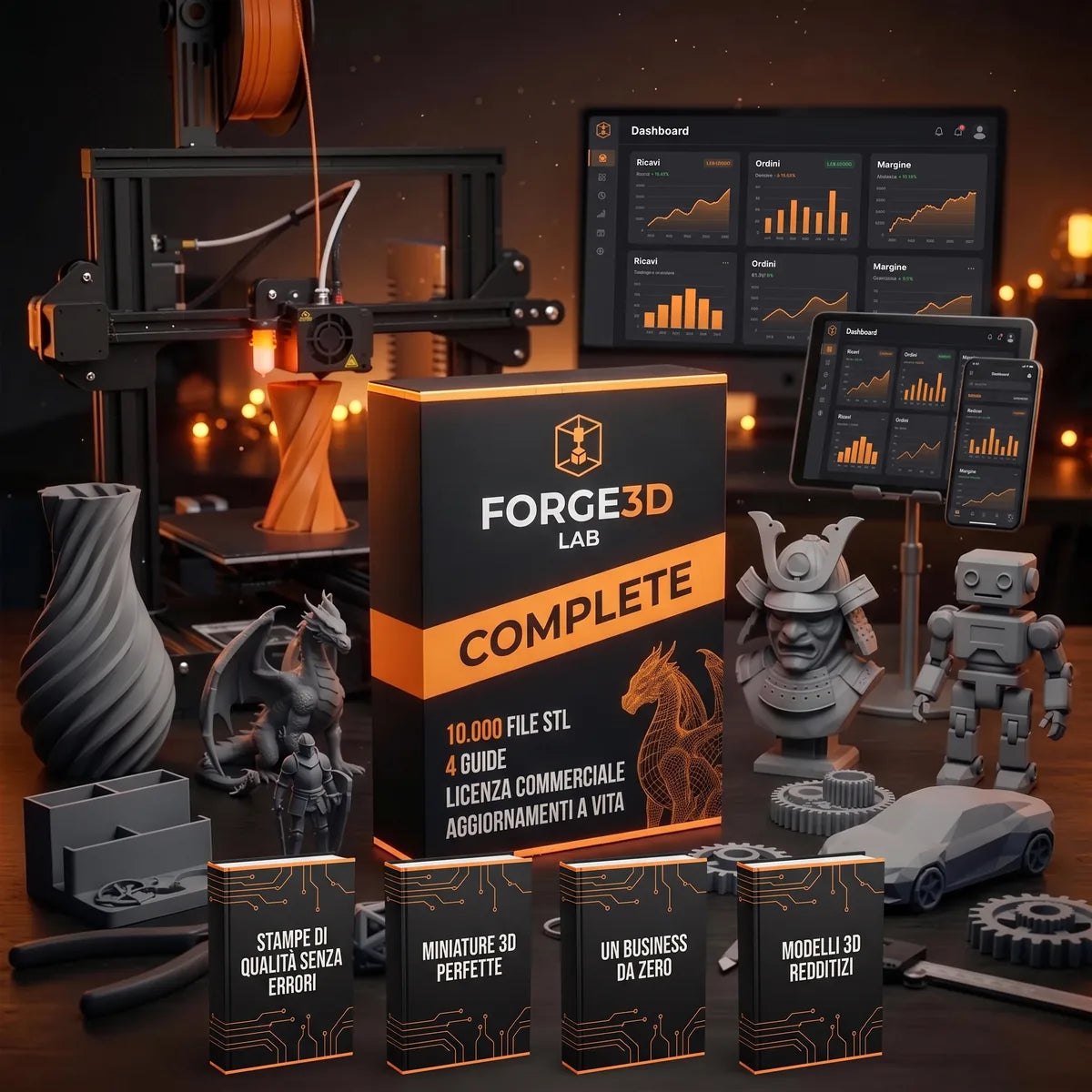 Forge3DLab Complete: the box surrounded by 3D-printed models, the 4 guides and the manager on a laptop