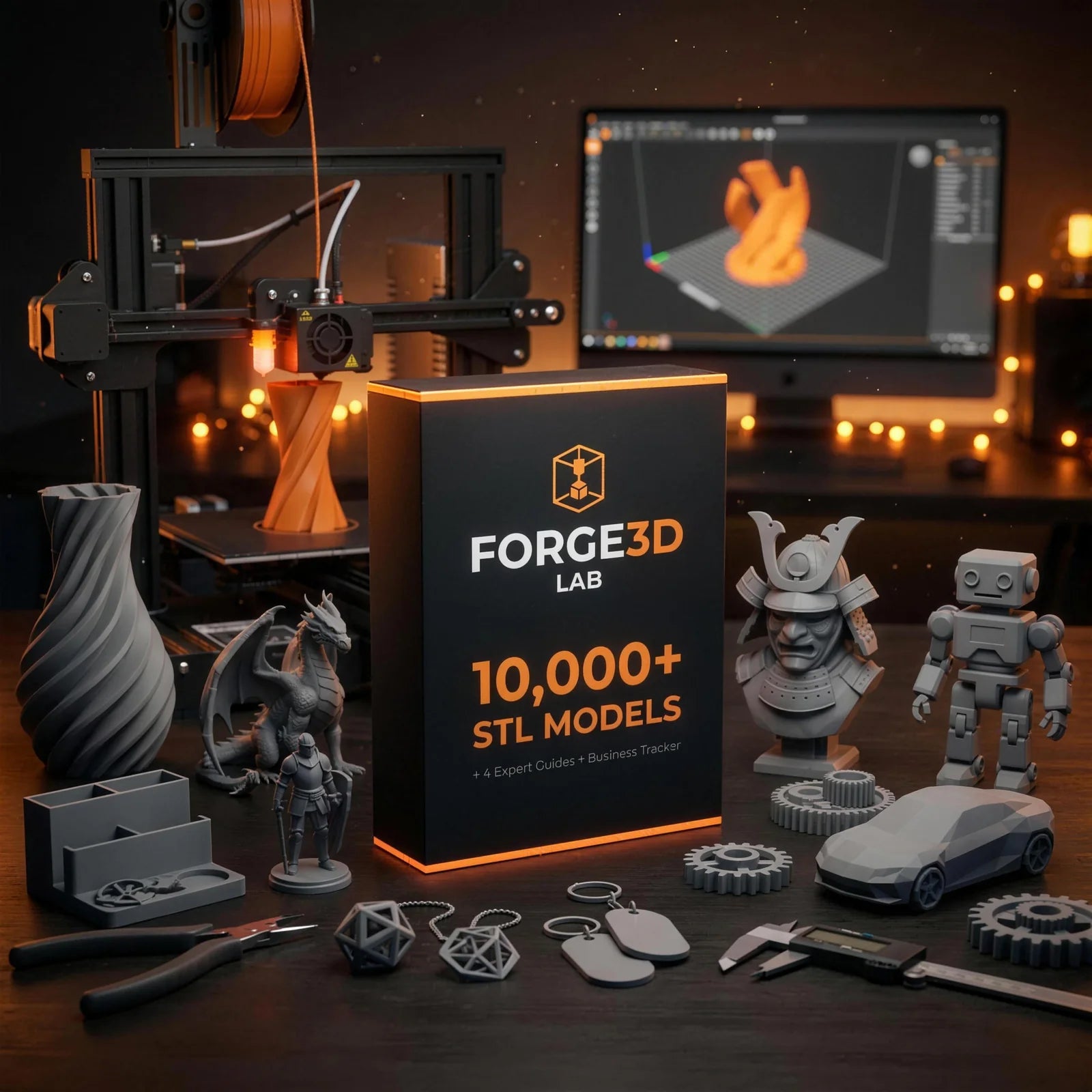 Forge3DLab bundle surrounded by 3D-printed models